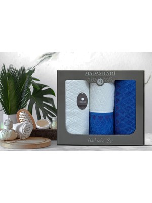 4 Parça 4'lü Jakarlı Kadife Banyo Havlu Seti|Hamam Takımı|Kutulu|Mavi-Krem