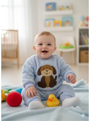 Alyakids Bebek Peluş Takım Mavi Renk Köpek Nakışlı Polar Alt Üst Takım