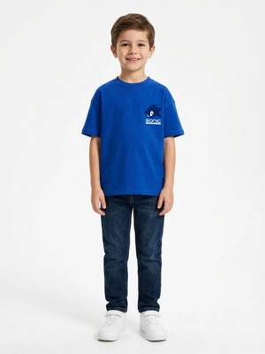 Alyakids Erkek Çocuk Mavi Sonic Karakter Baskılı Oversize %100 Pamuklu Tişört