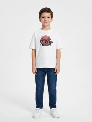 Alyakids Erkek Çocuk Beyaz Oversize Tshirt - Stranger Things Baskılı %100 Pamuklu Kısa Kollu Bisiklet Yaka