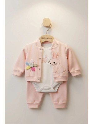 Alyakids Kız Bebek Çiçek Figürlü Fırfır Yakalı Pamuklu Alt Üst Zıbın Seti