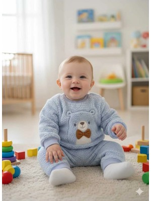 Alyakids Bebek Peluş Takım Mavi Renk Köpek Nakışlı Polar Alt Üst Takım