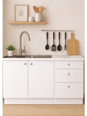 T Designo Farkın Alt Modül-Çok Amaçlı Dolap -120 cm -2 Kapaklı-3 Çekmeceli-Laminat Beyaz Tezgah Dahil