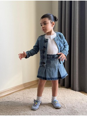 HaanBebe Kız Çocuk Fiyonk Detaylı Taş Işlemeli Denim Ceket ve Etek Takımı