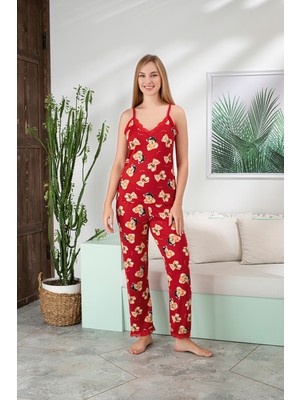 Piove Kadın Ayıcık Desenli Askılı Pijama Takımı – Dantelli Kırmızı Pijama