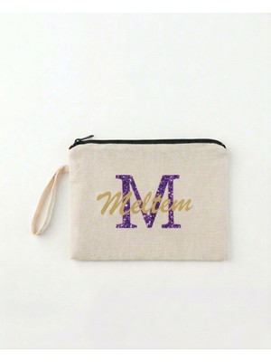 Karya Kişiye Özel Isim Yazılı Bej Renk Kanvas Clutch El Çantası