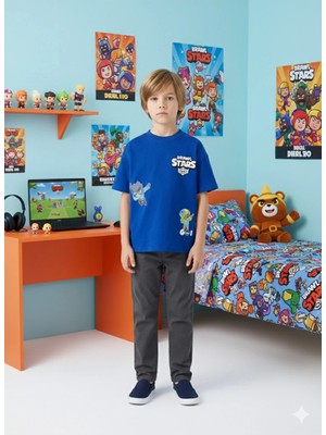Alyakids Erkek Çocuk Mavi Brawl Stars Baskılı %100 Pamuk Tişört