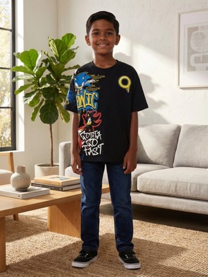 Alyakids Erkek Çocuk Sonic ve Shadow Karakter Desenli %100 Pamuklu Siyah Erkek Çocuk Tişört