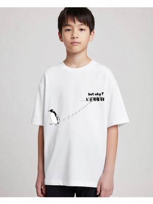 Alyakids Unisex Çocuk Beyaz Penguen ve \"but Why?\" Yazılı Baskılı Pamuklu Tişört