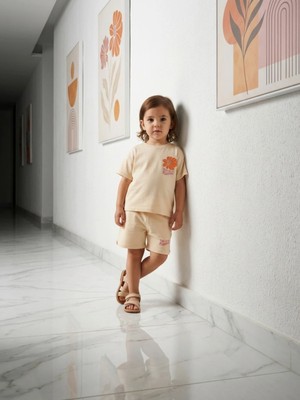 Alyakids Kız Çocuk %100 Pamuklu Desenli Çocuk Takım - Rahat Kesim Yazlık Penye Şort T-Shirt Seti