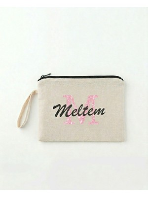 Karya Kişiye Özel Isim Yazılı Bej Renk Kanvas Clutch El Çantası