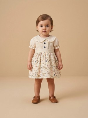 Alyakids Bebek Bayramlık Elbise Pamuklu - Çiçekli Gofre Kumaş Kız Bebek Elbisesi