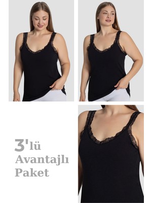 Arma Yıldız Kadın Büyük Beden Pamuklu Dantelli Atlet Esnek ve Rahat Siyah 3'lü Paket