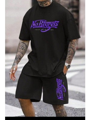 Punix Punıx Büyük Beden Bıg Sıze No Regrets Baskılı Ter Tutmayan Şık Erkek Yazlık Alt Üst Şortt-Shırt Takım