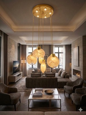  modern 5’li ebru desenli cam avize - antrasit krom gövdeli, salon ve oturma odası ıçin şık tasarım aydınlatma