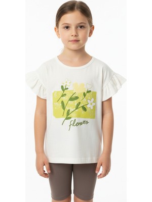 Toontoy Kız Çocuk Baskılı  Bisiklet Yaka Kolu Fırfırlı Tişört 25008