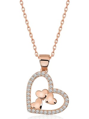 Inure Jewelry Gümüş Rose Kalbin İçinde Üç Kalp Kolye