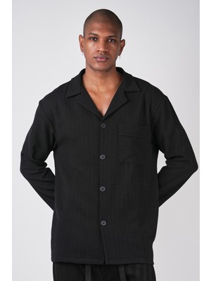 Ex-pent Erkek Siyah Kendinden Desenli Regular Fit Gömlek-Ceket