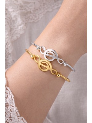 Herşey Nota 316L Paslanmaz Çelik Sol Anahtarı Figürlü Unisex Bileklik Seti – Gold & Gümüş Renk 2’li Minimal Bilezik Kadın & Erkek Uyumlu