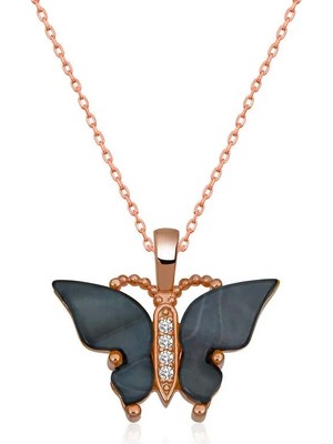 Inure Jewelry Gümüş Rose Antrasit Kaplangözü Taşlı Kelebek Kolye
