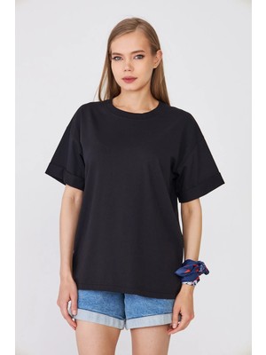 Hdm Kadın Siyah Basic Oversize %100 Pamuklu Rahat Kesim Günlük Tişört - H6041