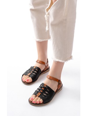 Zerenyus ZRİN-205-029 Premium Ortopedik Hakiki Deri Kadın Sandalet Siyah