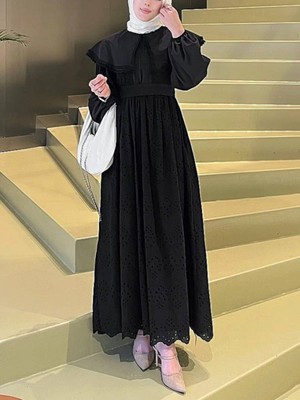 Modamorfo Pelerin Yaka Dantel Detaylı Elbise  -Siyah