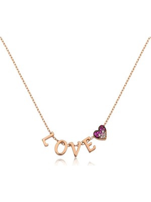 Inure Jewelry Gümüş Rose Kalpli Love Bayan Kolye