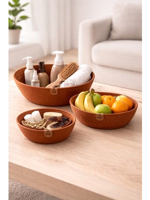 Kraftella Taba Rengi 3’lü Paracord Sepet Seti /dekoratif Sepet/ev -Mutfak-Banyo -Dekorasyonu- Jüt Sepet