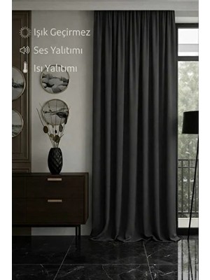 Taç Antrasit Blackout Işık Geçirmez Kornişli Karartma Saten Perde Lüks Fon Perde Antrasit Olivya Tekstil