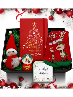 As Gift Yılbaşı Temalı Kişiye Özel Kırmızı Defter & Kar Küresi & Kardan Adam & Çorap Hediye Seti