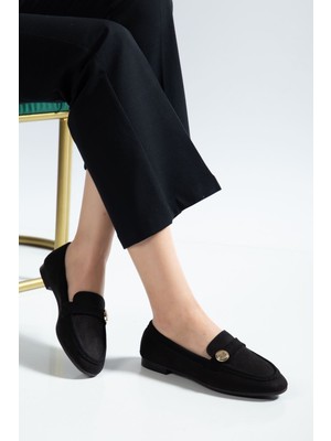 Budi 131 Siyah Süet Klasik Maskülen  Günlük Kadın Babet