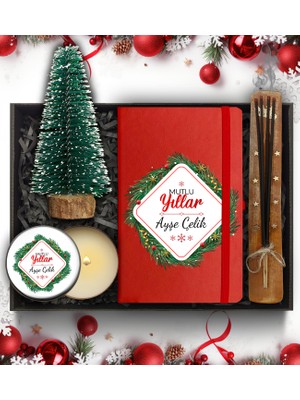 As Gift Yılbaşı Temalı Kişiye Özel Kırmızı Defter & Mini Çam Ağacı & Çubuk Tütsü & Beyaz Metal Kutulu Mum Hediye Seti
