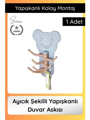Svein #askı Sevimli Ayıcık Şekilli Yapışkanlı Duvar Askısı Organizer Çok Amaçlı Fonksiyonel Pratik