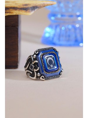 Innuendo Jewelry 925 Ayar Gümüş Mavi Taşlı Ay Yıldız Motifli Erkek Yüzük