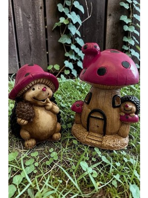 Libre Design Dekoratif Kirpi ve Mantar Evi 2li Fuşya Siyah Ev Balkon Bahçe Süsü Dekorasyonu Bohem Biblo Heykel