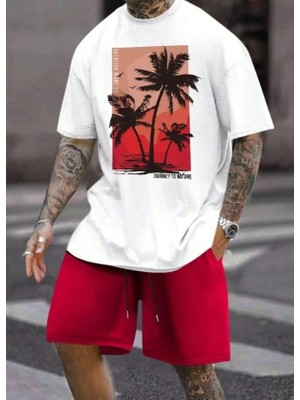 Punix Punıx Büyük Beden Palmiyeler Baskılı Ter Tutmayan Şık Erkek Yazlık Alt Üst Şort T-Shırt  Takım