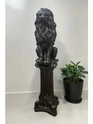 Libre Design Dekoratif 53 cm Metalik Siyah Aslan ve Sütun Set Ev Balkon Bahçe Dekorasyon Biblo Heykel