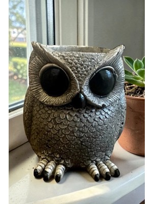 Libre Design Dekoratif 11 cm Gri Baykuş Kaktüs Sukulent Saksı Ev Balkon Bahçe Süsü Dekorasyon Bohem Heykel Biblo