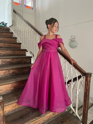 Butik Happy Kids Kız Çocuk Uzun Fuşya Askılı Şifon Abiye Elbise 9-15 Yaş