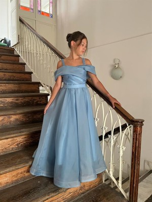 Kız Çocuk Uzun Mavi Askılı Şifon Abiye Elbise 9-15 Yaş