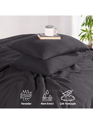 Tekstıl Müslin Yatak Örtüsü Seti Çift Kişilik, Şık Düz Renk 100% Pamuk 4 Kat Muslin Yastık Kılıflı Pike Takımı, Denizli Üretimi (, Çift Kişilik Set (230X250 Cm))