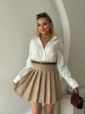 Fehu Bloom Matchli Kumaş Gömlek Elbise Bej