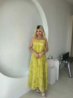Fehu Bloom Ayarlanabilir Askılı Astarlı Elbise Sarı