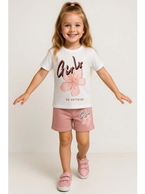 Riccotarz Kız Çocuk Üzeri Girl Yazı ve Lale Detaylı T-Shirt Pudra Şortlu Takım