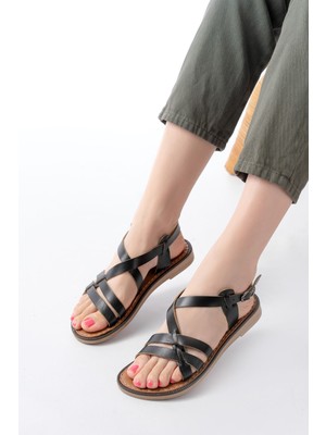 Zerenyus ZRİN-205-05 Premium Siyah Ortopedik Hakiki Deri Sandalet