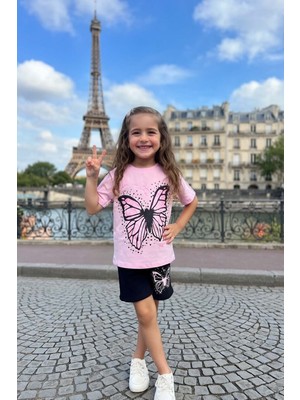 Riccotarz Kız Çocuk Puantiye Baskılı ve Kelebek Baskılı Pembe T-Shirt Şortlu Takım