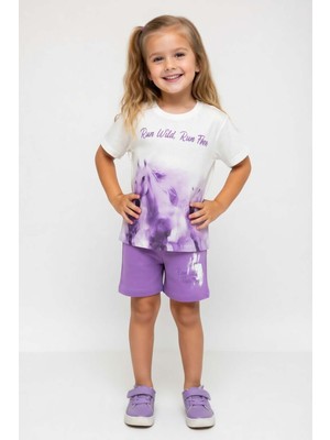 Riccotarz Kız Çocuk Run Wild Yazı ve At Baskılı Lila Şortlu Takım