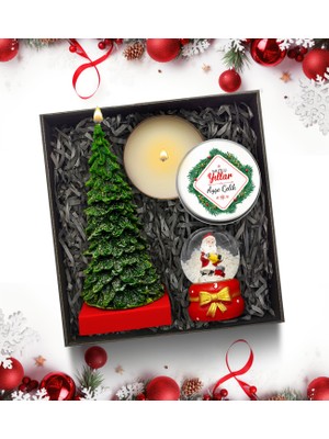 As Gift Yılbaşı Temalı Kişiye Özel Beyaz Metal Mum & Mini Çam Ağacı Mum & Kar Küresi Hediye