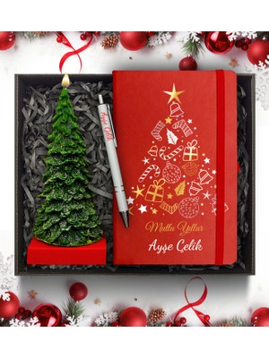 As Gift Yılbaşı Temalı Kişiye Özel Kırmızı Defter & Çam Ağacı Mum & Beyaz Kalem Hediye Seti